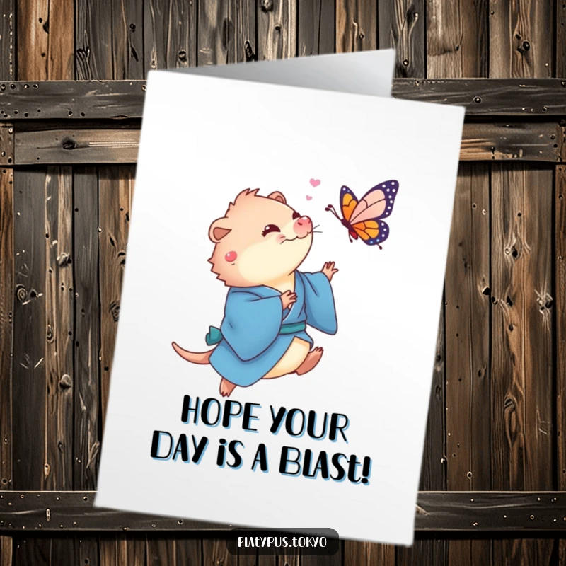 Funny Free Printable Birthday Card: a cute platypus in a blue kimono playfully chases a colorful butterfly.