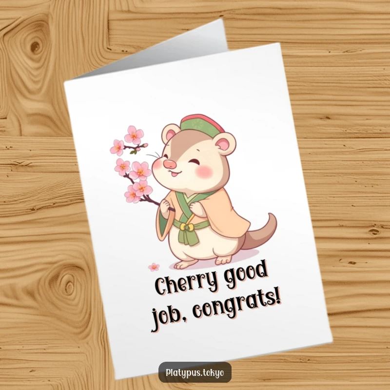 Funny Free Printable Congratulations Card: Cherubic platypus in traditional attire joyfully batting at a cherry blossom, celebratory and cute.