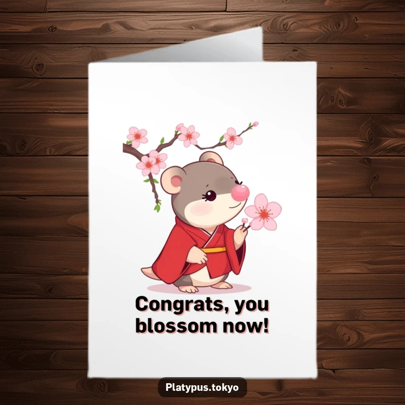 Funny Free Printable Congratulations Card: a platypus in a red kimono observes a delicate cherry blossom.