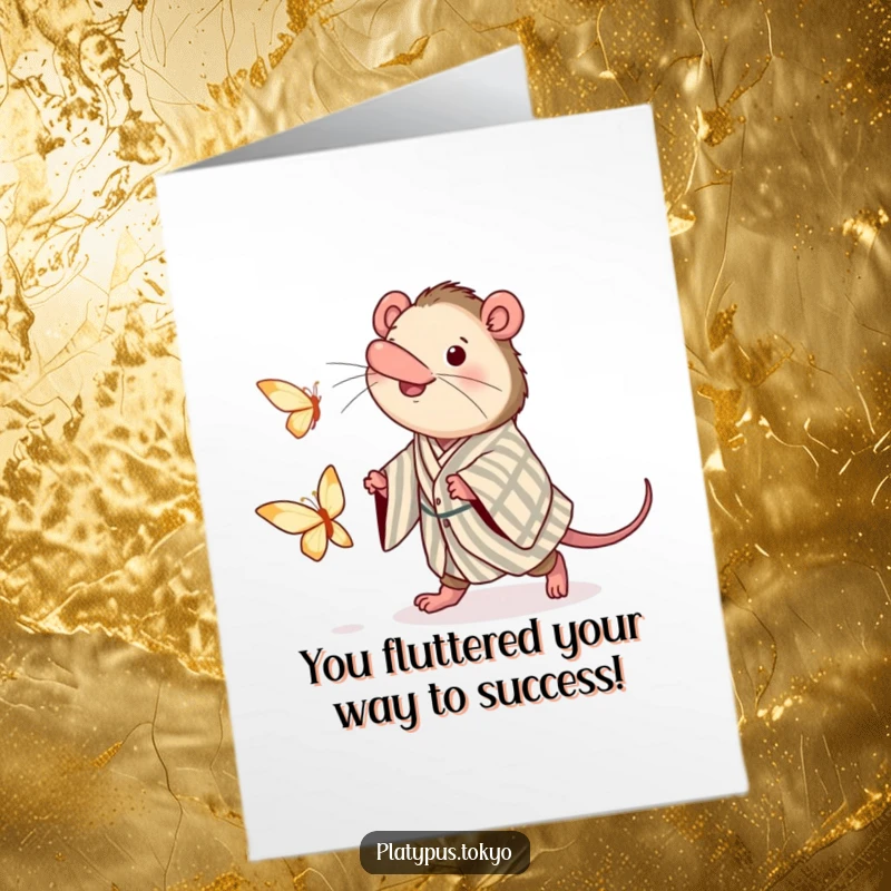 Funny Free Printable Congrats Card: Platypus in kimono enthusiastically chasing a butterfly
