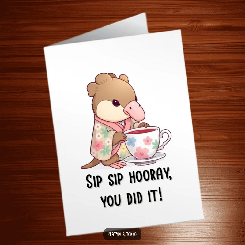 Funny Free Printable Congratulations Card: a platypus in a floral kimono gracefully dips its beak into a teacup, celebrating success.