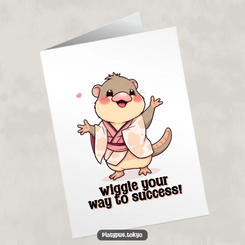 Funny Free Printable Congratulations Card: Platypus in a kimono busting out a comical, wiggly dance move, pure celebratory silliness.