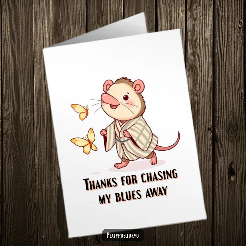 Funny Free Printable Thank You Card: Platypus in a kimono enthusiastically pursuing a butterfly