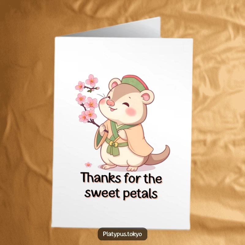 Funny Free Printable Thank You Card: Platypus in traditional wear playfully swatting at a cherry blossom, conveying thanks with charm.