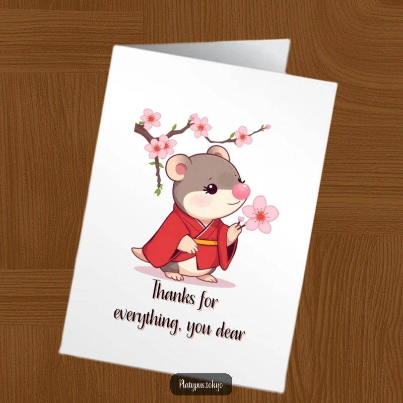 Funny Free Printable Thank You Card: a small platypus wearing a scarlet kimono curiously looks at a cherry blossom.