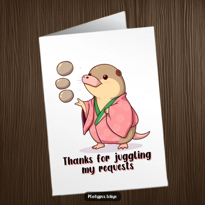 Funny Free Printable Thank You Card depicting a platypus in a kimono playfully juggling pebbles, expressing quirky gratitude.