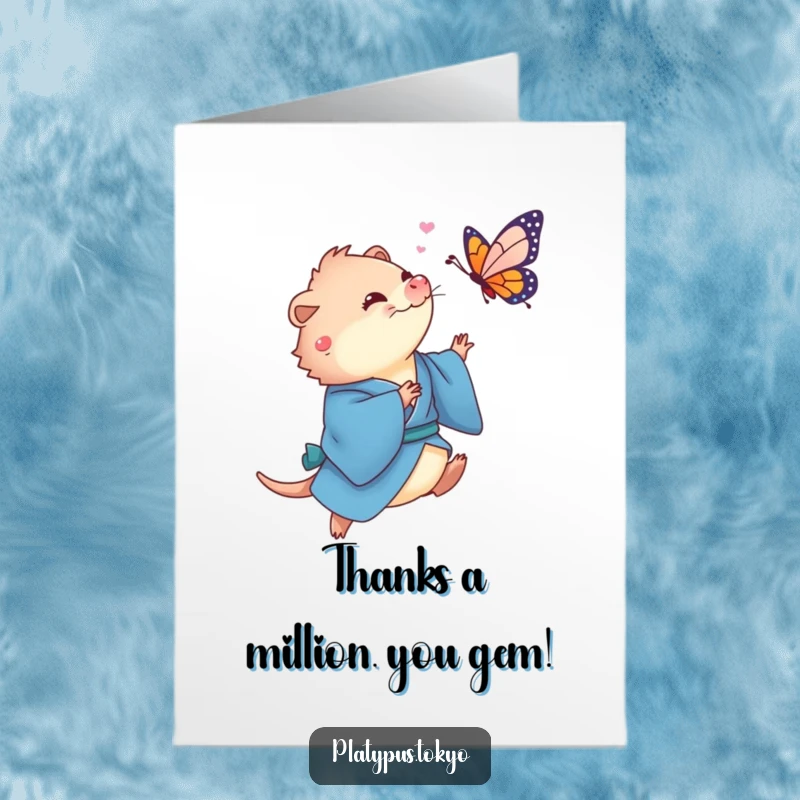 Funny Free Printable Thank You Card: a cute platypus in a blue kimono playfully chases a colorful butterfly.
