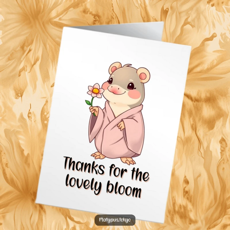 Funny Free Printable Thank You Card: Kawaii platypus in flowing robes offering a single vibrant flower, expressing heartfelt thanks.