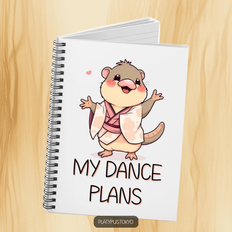 Funny platypus in a kimono doing a wiggly dance, on a notebook cover, for jotting down energetic and funny ideas.