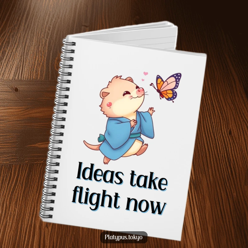 Funny Platypus Butterfly Notebook cover with a cute platypus in a flowing blue kimono playfully chasing a colorful butterfly.