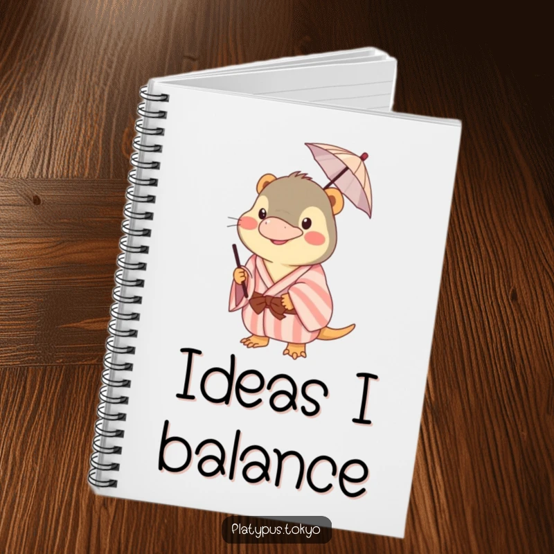Funny platypus notebook with a pastel kimono-clad animal humorously balancing a tiny umbrella on its beak, perfect for capturing thoughts.