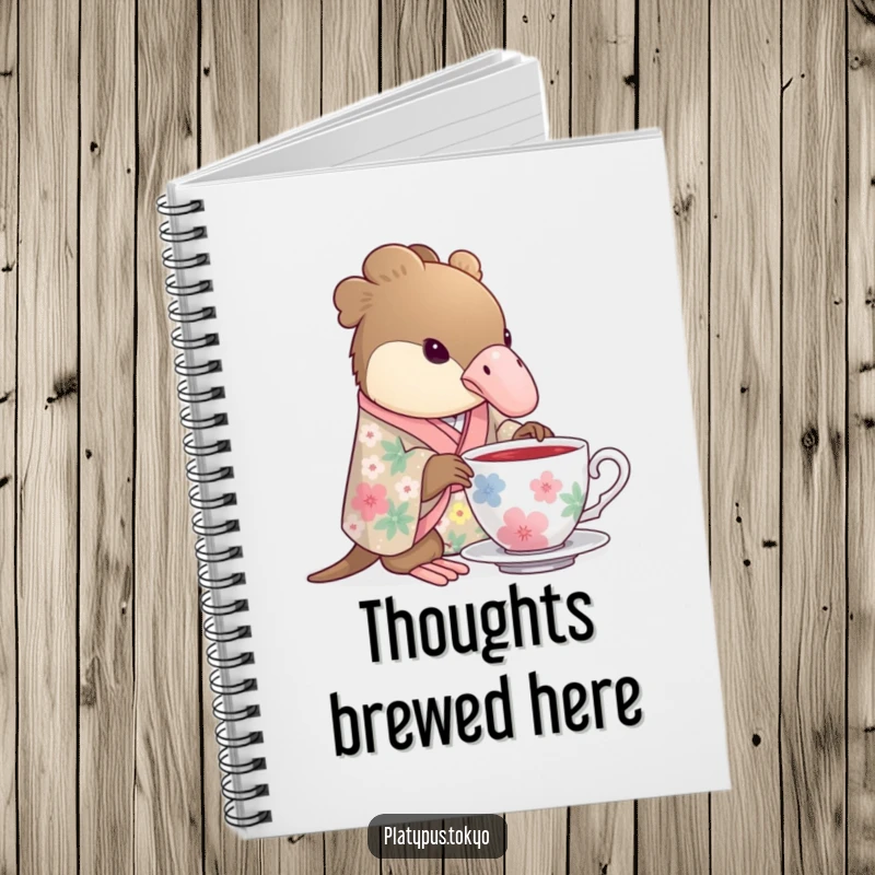 Funny Notebook with a platypus wearing a floral kimono gracefully dipping its beak into a teacup, great for writing.