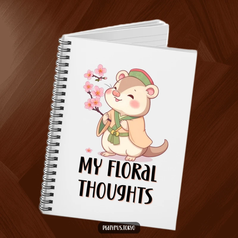 Funny cherubic platypus batting at a cherry blossom, on a notebook cover, for jotting down cheerful and funny notes.