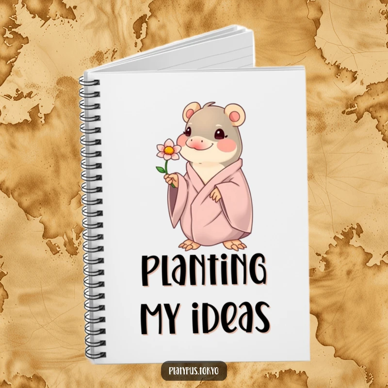 Funny kawaii platypus offering a blooming flower, on a notebook cover, for jotting down sweet and funny notes.