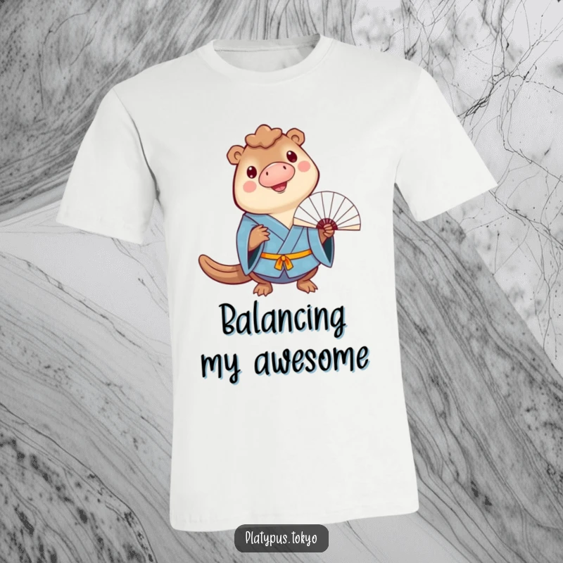 Funny T-Shirt of a cheerful platypus in a blue kimono balancing a fan on its bill, full of joy.