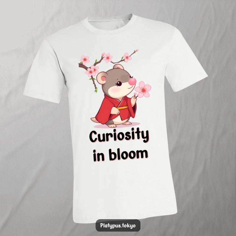 Funny Platypus Cherry Blossom T-Shirt featuring a small platypus in a scarlet kimono curiously examining a blooming cherry blossom.