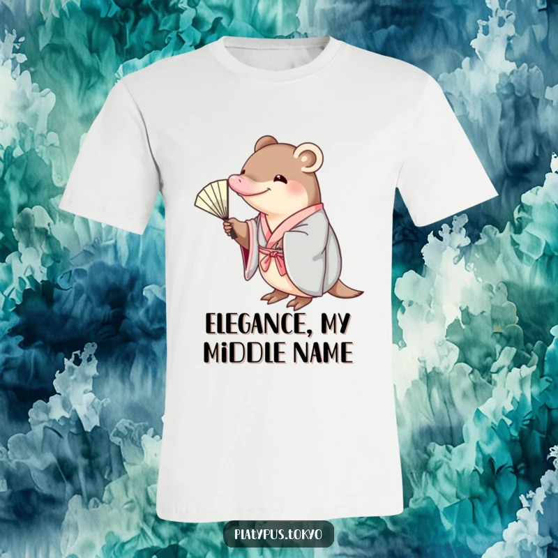 Funny platypus wearing a kimono, reaching for a fan, printed on a soft t-shirt, embodying graceful silliness.
