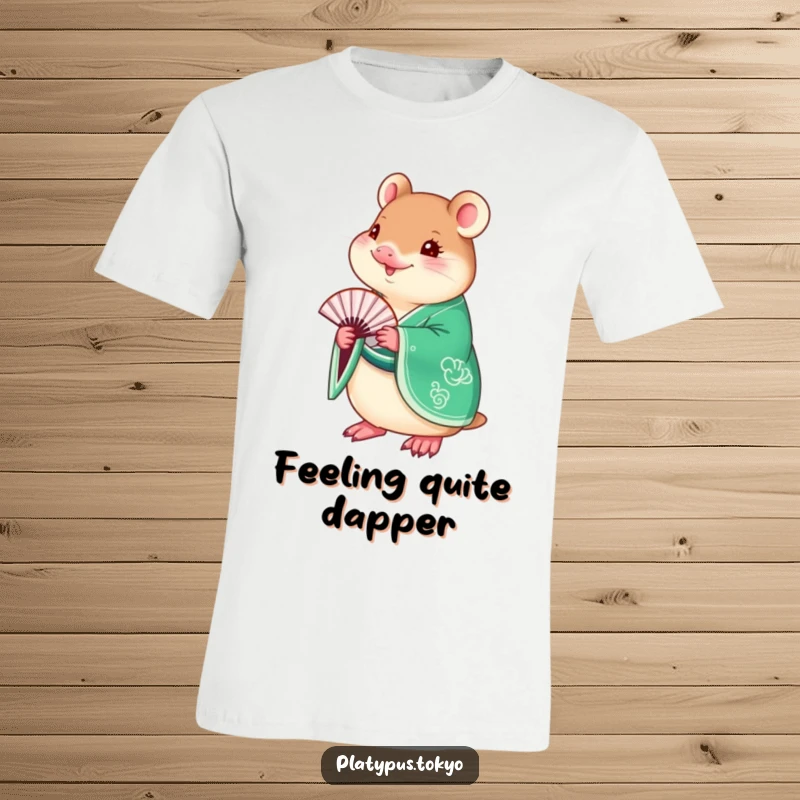 Funny Platypus Kimono T-Shirt with a charming platypus adorned in a vibrant emerald green kimono, holding a delicate fan.