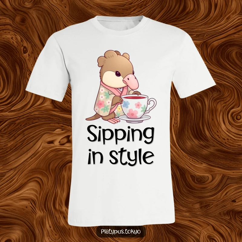 Funny T-Shirt of a platypus wearing a floral kimono gracefully dipping its beak into a teacup, embodying relaxation.