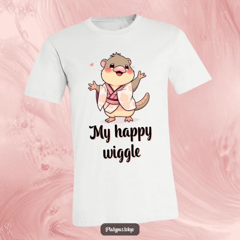 Funny platypus in a kimono doing a wiggly dance, printed on a t-shirt, capturing hilarious movement.