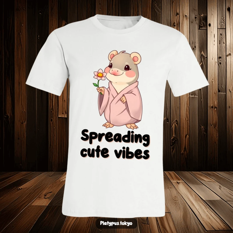 Funny kawaii platypus offering a blooming flower, printed on a soft t-shirt, embodying sweetness and humor.