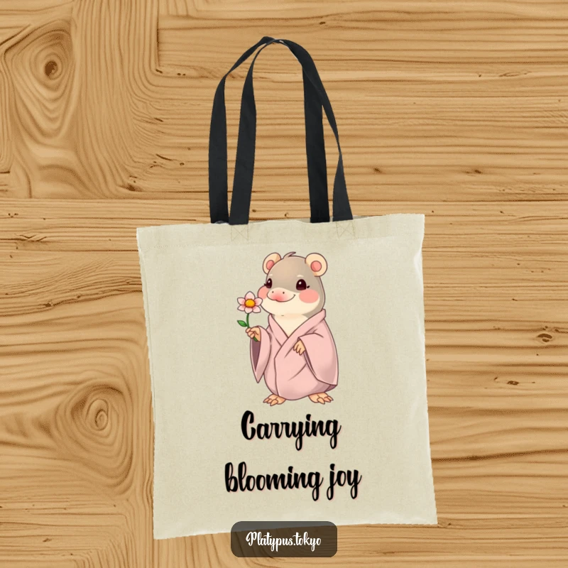 Funny kawaii platypus offering a blooming flower, on a durable tote bag, for carrying items with cuteness.