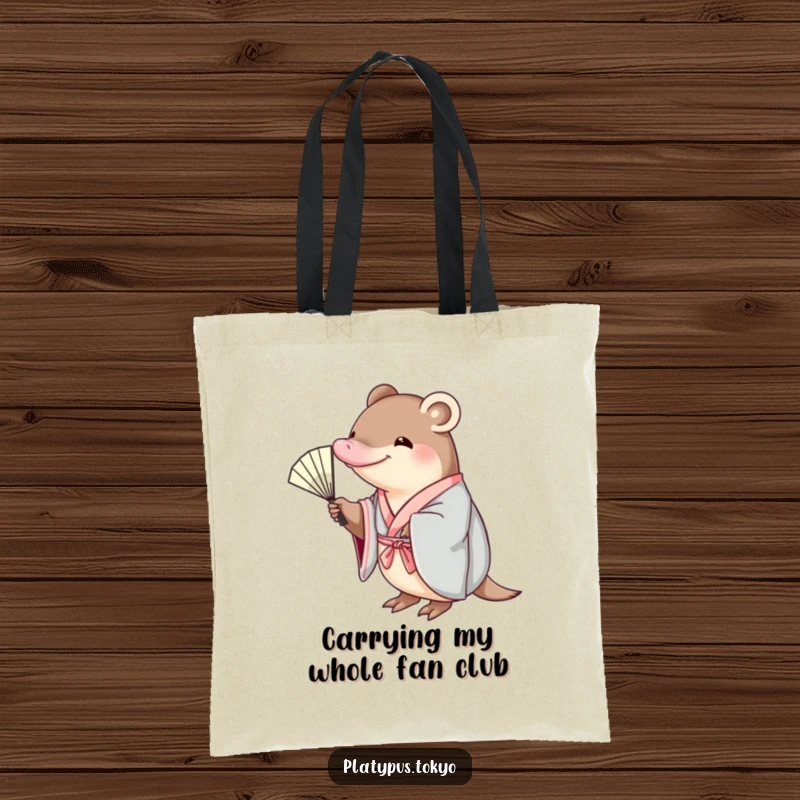 Funny platypus in a kimono, reaching for a fan, on a durable tote bag, for a stylish, humorous shopper.